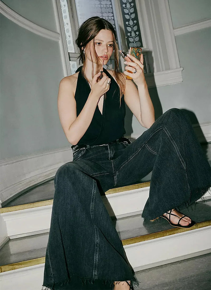 Streetwear Vintage Skinny Washed Flared Jeans Women Korean Fashion High Waist Slim Straight Pants 2025 New Casual Flared Jeans