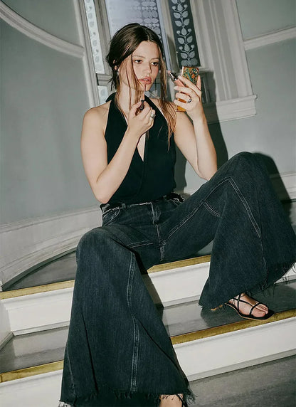 Streetwear Vintage Skinny Washed Flared Jeans Women Korean Fashion High Waist Slim Straight Pants 2025 New Casual Flared Jeans