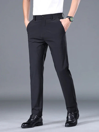 Summer Ultra-thin Casual Pants Men's High Elastic Quick-drying Ice Silk Straight Business Formal Casual Trousers Black Gray