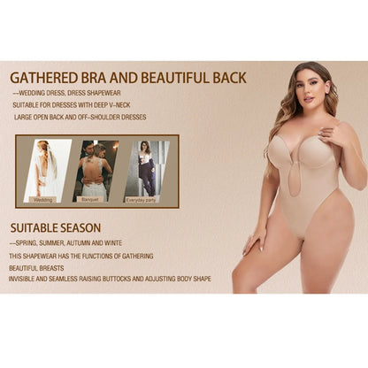 Invisible Shaper Bra Bodysuit Women Corset Backless Deep V U-Plunge Thong Waist Trainer Clear Strap Padded Push Up Shapewear