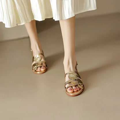 Women's New Round Head Spring/Summer Genuine Leather Sheepskin Spliced Low Heel Large Size Elastic Open Toe Sandals