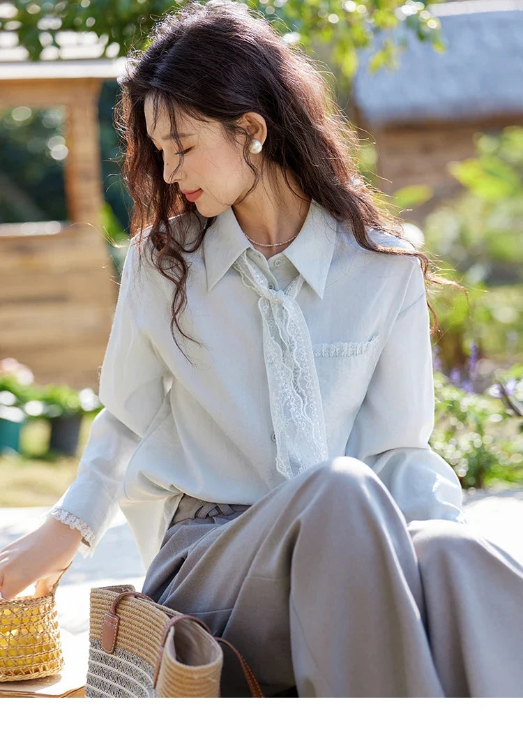 French Spring Blouses Women 2025 New Long Sleeve Turn-down Collar Loose Shirts Female Fashion Lace Casual Tops MXE16C0760