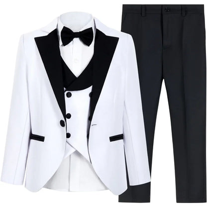 Classic White Boys Tuxedo 4 Pieces Wedding Guest Clothes Formal Peak Lapel Kids Suit Set Banquet Party Wear Chic Slim Fit Suits