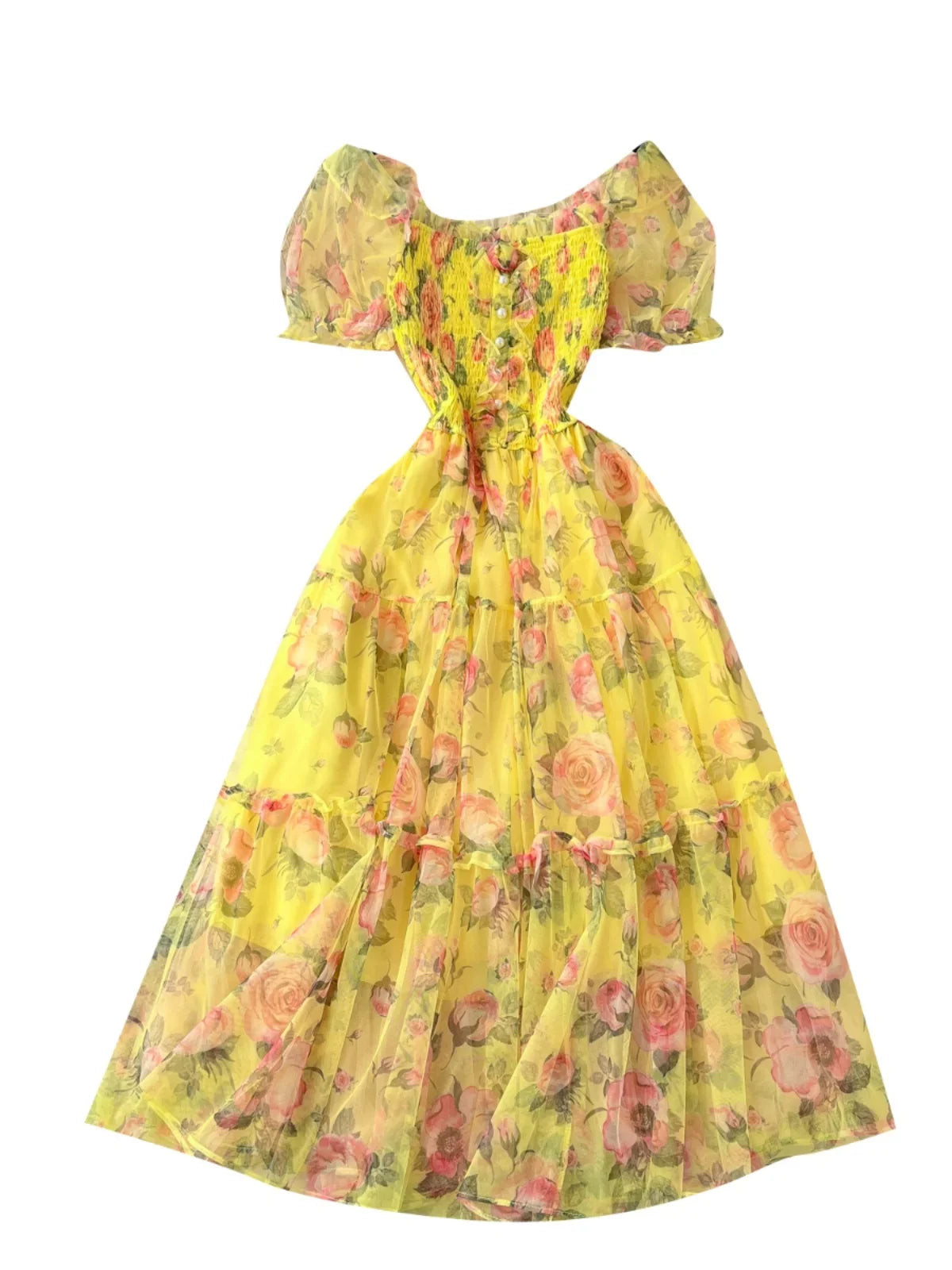 Retro Floral Chiffon Dr Women's Waist Cinched Bubble Sve Me Skirt Tea Break Gentle Soft Sle Korean High Waist A-Lin...