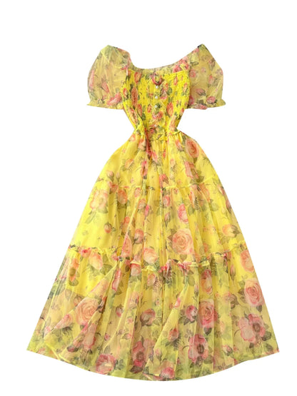 Retro Floral Chiffon Dr Women's Waist Cinched Bubble Sve Me Skirt Tea Break Gentle Soft Sle Korean High Waist A-Lin...