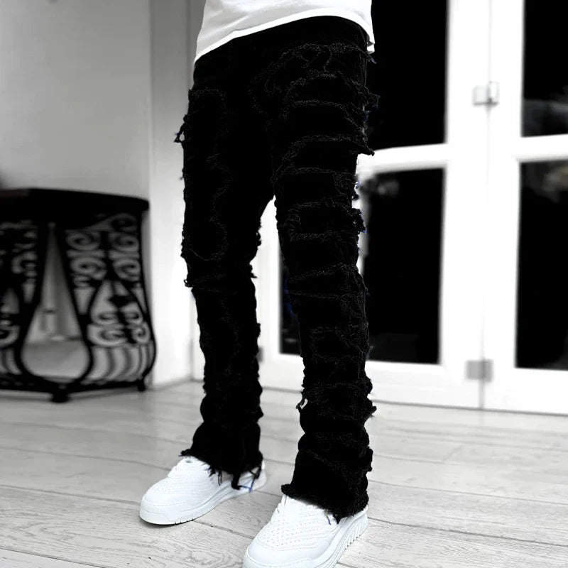 New European and American Heavyweight Streetwise Stretch Patch Jeans for Men, High Street Straight Fit Long Jeans16-3001