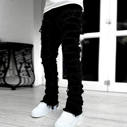 New European and American Heavyweight Streetwise Stretch Patch Jeans for Men, High Street Straight Fit Long Jeans16-3001