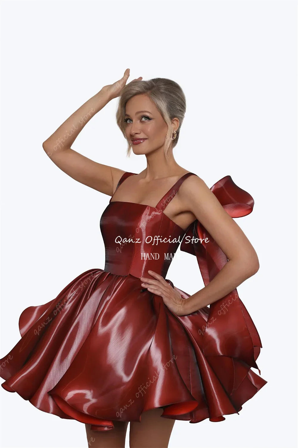 Pink Satin Prom Dresses Strapless Bow Satraps Short Birthday Dress Woman Sexy Lace Up Back платье на выпускной Customized