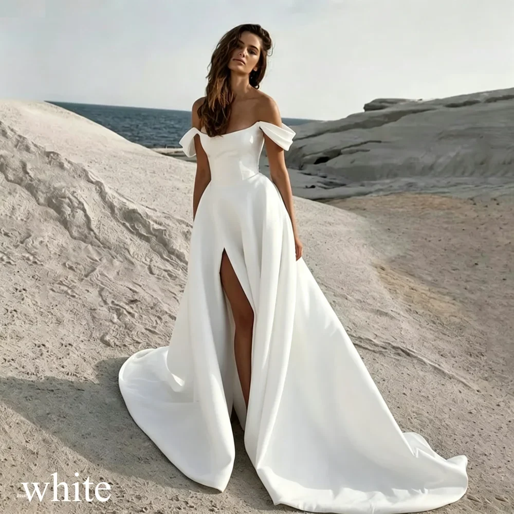 Customized Elegant Satin Mermaid Wedding Dress 2026 Simple Strapless Off Shoulder Side Slit Bride Robe Button Vestidos De Novia