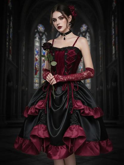 Gothic Lace Up Cinched Ruffles Layered Dress 2026 Women Summer New Deep Red Club,Cocktail & Party A Line Dresses Vestidos