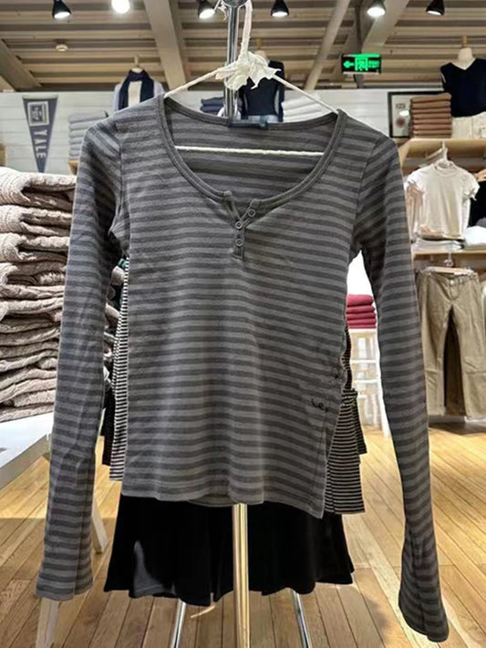 Vintage Striped Slim Long Sleeve T-shirts Autumn Casual Round Neck Streetwear Cotton Tees Women Classic Harajuku Button Tops Y2k