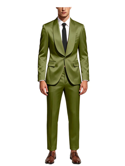 Luxury Men's Satin Tuxedo Suit Shawl Lapel Slim Fit 2-Piece Blazer & Pants Set Formal Business Casual Jacket Coat for Wedding