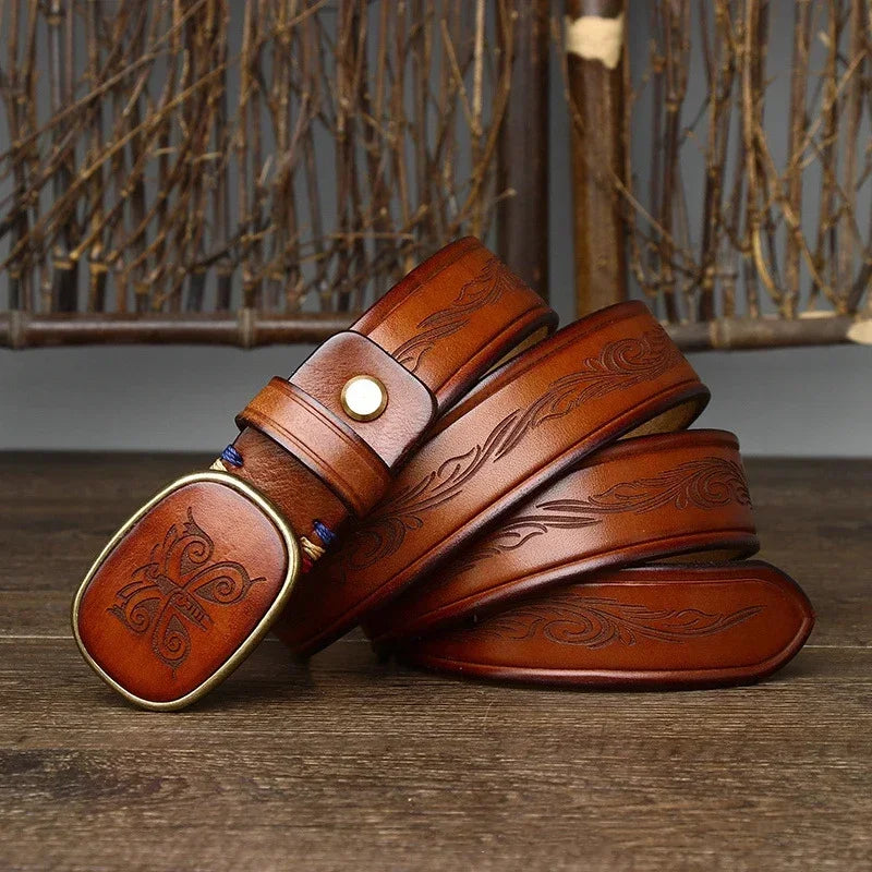 3.5CM Pure Cowhide High Quality Genuine Leather Belts for Men Laser Engraving Strap Male Smooth Buckle Jeans Cowboy Luxury