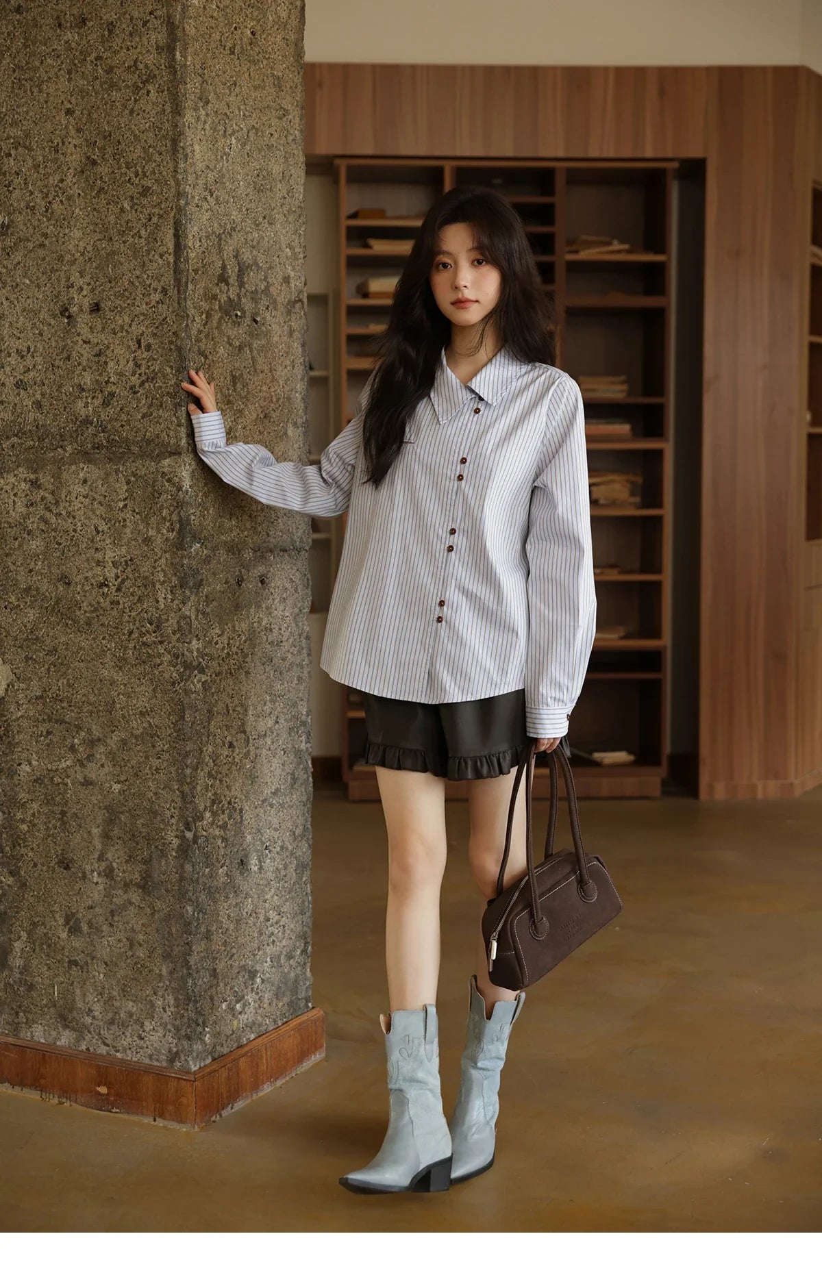 Women's Striped Asymmetric Shirt 2025 Autumn New Arrival Vintage Loose Long Sleeve Tops Commuter Woman Clothes MXE42C2375