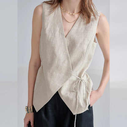 100% Linen V-Neck Vest Women's Tank Top French Vintage Lace-up Top Casual Sleeveless Office Ladies Waist-Cinched Linen Tops