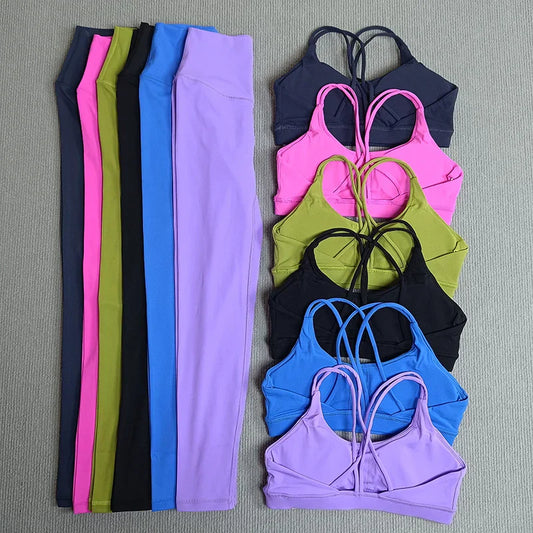 2 Pcs Women's Gym Tights Yoga Sports Set High Waist Leggings Cross Back Bra Top Fitness Running Workout Tracksuit