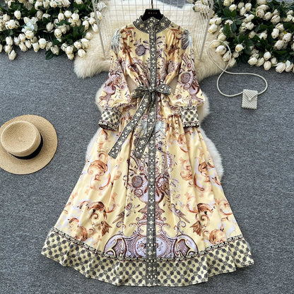 Retro Faion Print Stand Collar Single Button Women's Dr Waist Cinched Floor Length Skirt Korean Sle High Waist Long Sl...