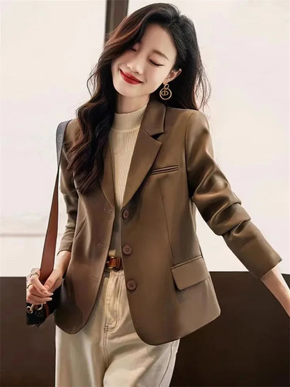 Coffee Small Blazer Jacket Spring Autumn Women Short Suit Coat Korean Casual Long Sleeve Single Breasted Blazers Solid Short Top