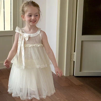 Girls Princess Dress Summer Kids French Sweet Sleeveless Bowknot Tulle Tutu Fluffy Birthday Party Pageant Dresses