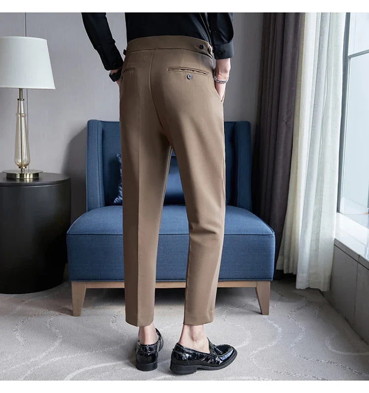 2026 Texture Naples Men's Solid Color Casual Pants Fashion Belt Design Slim Fit Suit Pants Formal Wear Wedding Social Trousers