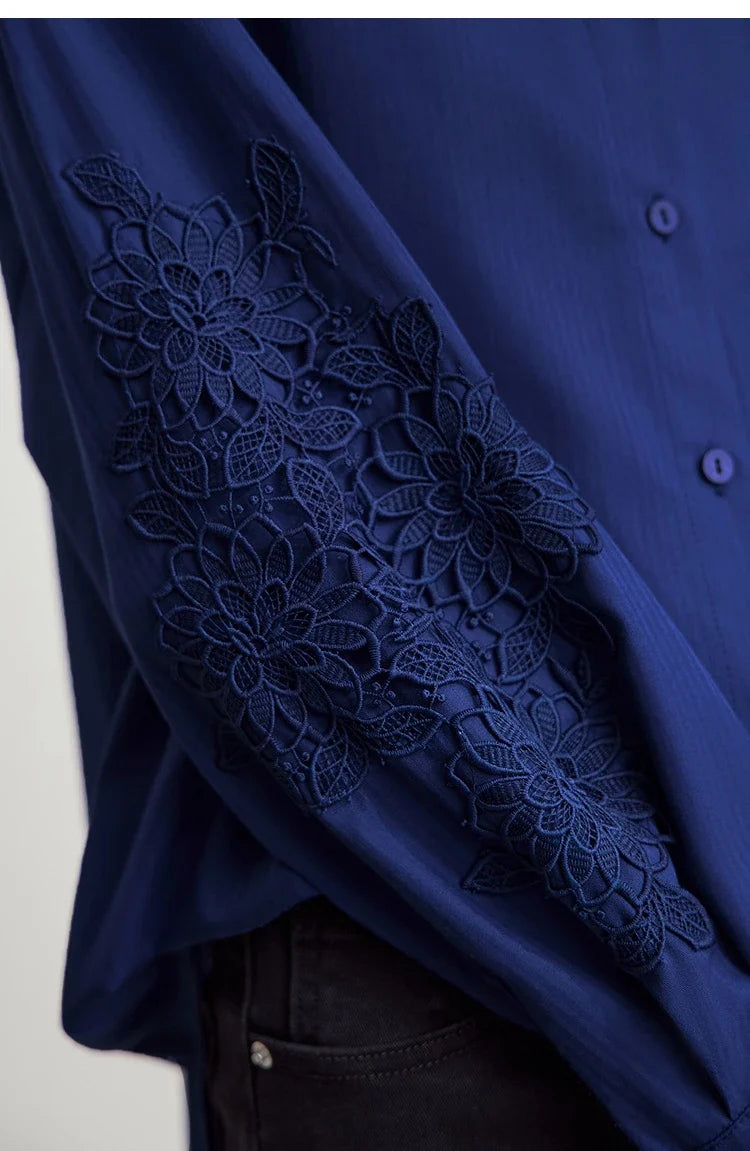 2025 New Arrival Autumn Offce Lady Shirt Turn-down Collar Drop Sleeves Loose Blouse Lace Splicing Women Clothing 12553077