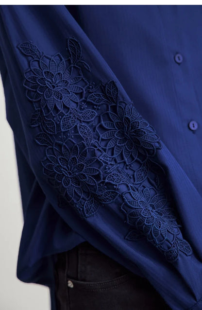 2025 New Arrival Autumn Offce Lady Shirt Turn-down Collar Drop Sleeves Loose Blouse Lace Splicing Women Clothing 12553077