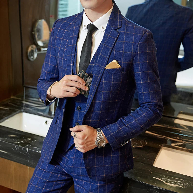 Blazer Vest Pants Groom Wedding Dress Stage Party Suit Three Piece Set and Two Piece Set Mens casual business classic plaid suit