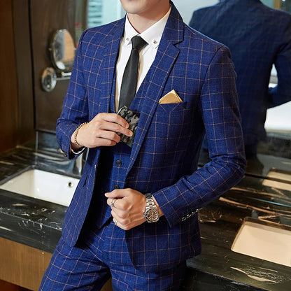 Blazer Vest Pants Groom Wedding Dress Stage Party Suit Three Piece Set and Two Piece Set Mens casual business classic plaid suit