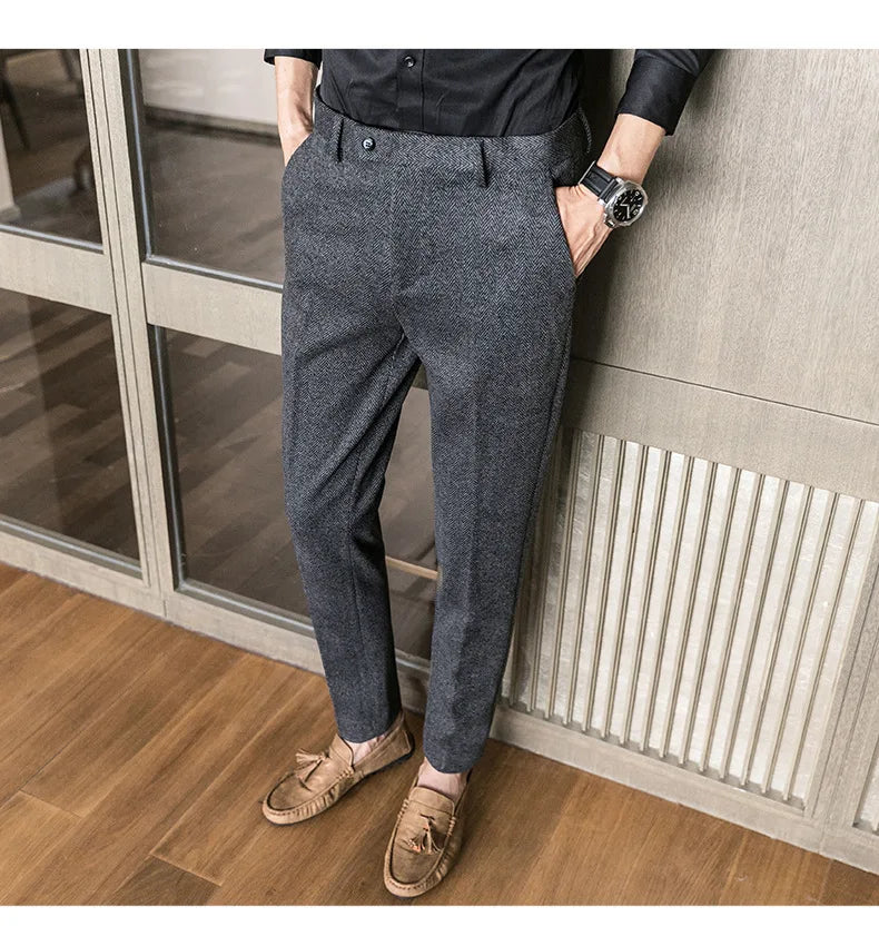 Woolen Dress Pants Formal Office Suit Pants Men Slim British Style Wool Business Black Gray Dress Trousers