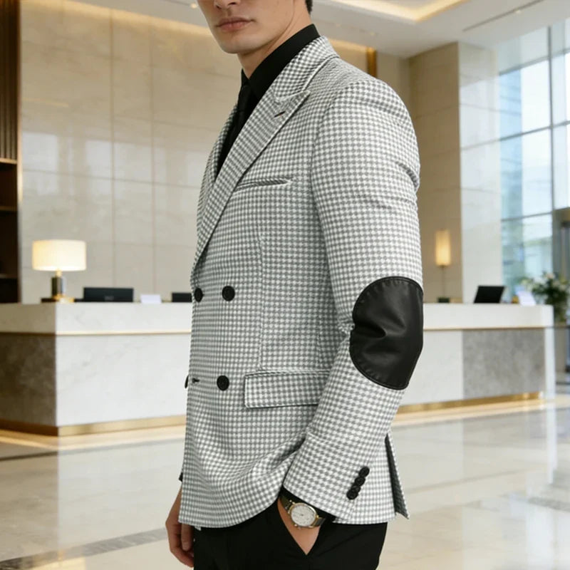 Men's Vintage Houndstooth Blazer Notch Lapel Leather Elbow Patches Slim Fit Jacket Business Casual Sport Coat For Spring Autumn