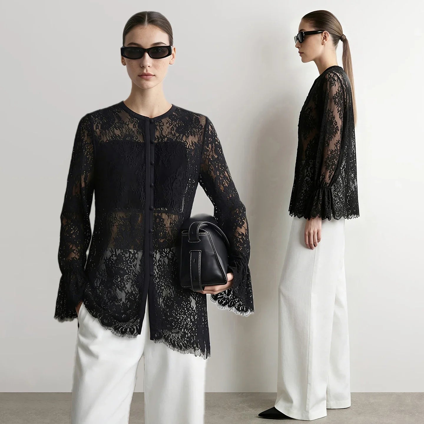 Lace Women's Blouse 2026 Autumn Crew Neck Sheer Long Sleeve Tops For Woman Lightweight Breathable Vacation Shirt 12643002
