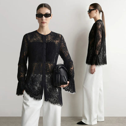 Lace Women's Blouse 2026 Autumn Crew Neck Sheer Long Sleeve Tops For Woman Lightweight Breathable Vacation Shirt 12643002