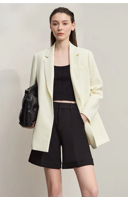 Blazers For Woman 2025 Autumn New Loose Beige Solid Elegant Blazer Ladies Long Sleeves Medium Long Women's Jacket 12553007
