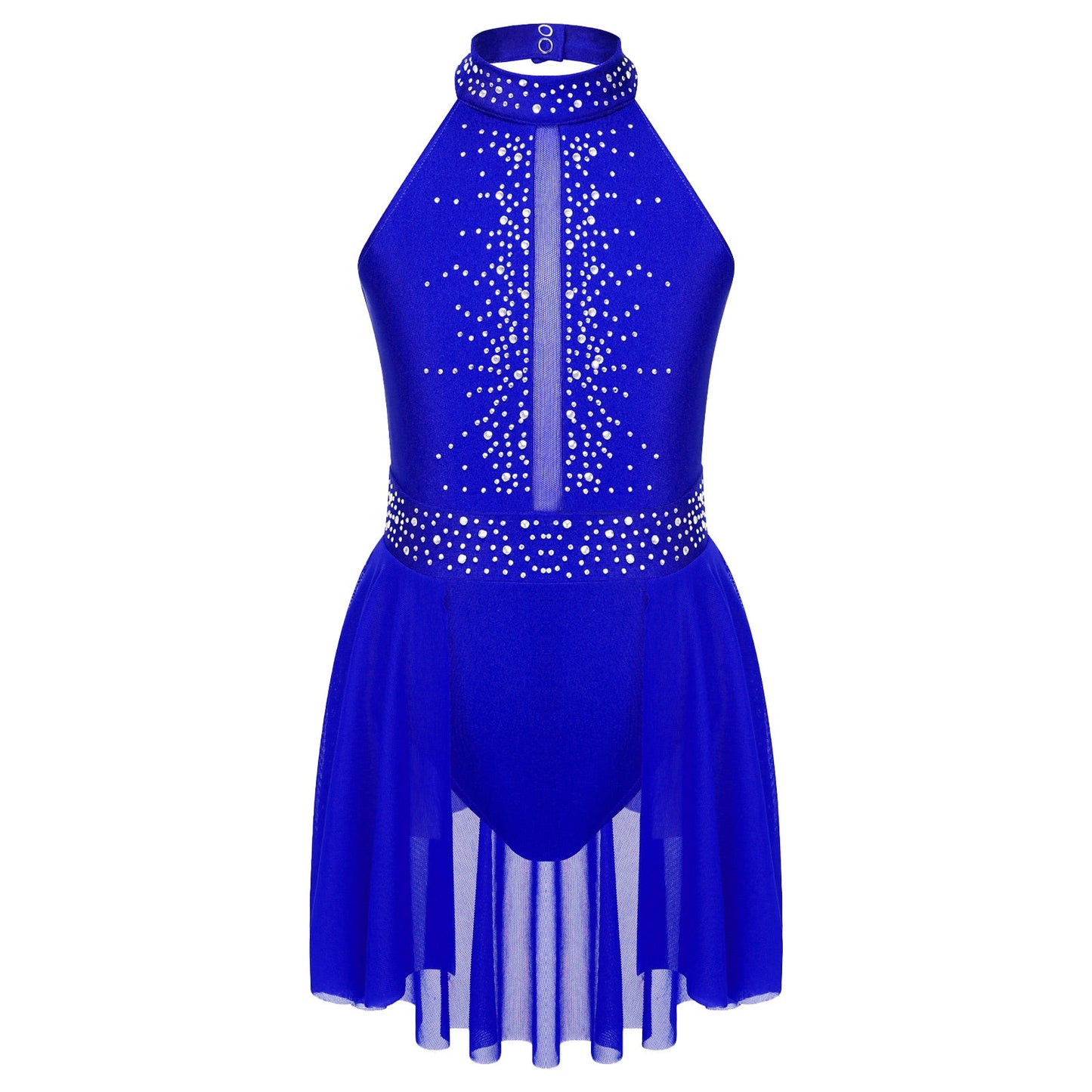 Kids Girls Gymnastics Figure Skating Ballet Lyrical Dance Costume Dress Side Split Sheer Mesh Ruched Glittery Rhinestones Dress
