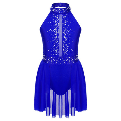 Kids Girls Gymnastics Figure Skating Ballet Lyrical Dance Costume Dress Side Split Sheer Mesh Ruched Glittery Rhinestones Dress