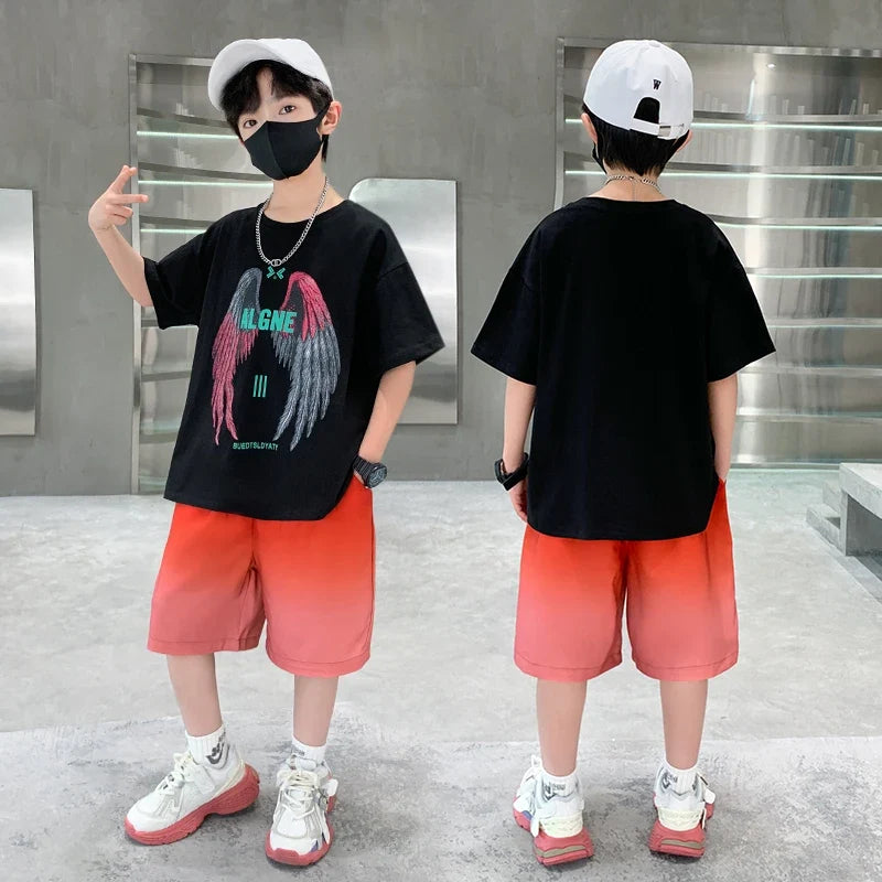 New Kids Boy Summer Clothing Set Cotton T-shirt With Wings Print + Shorts 2 Pieces Tracksuit Outfit for Child Suit Wear 5-14 T