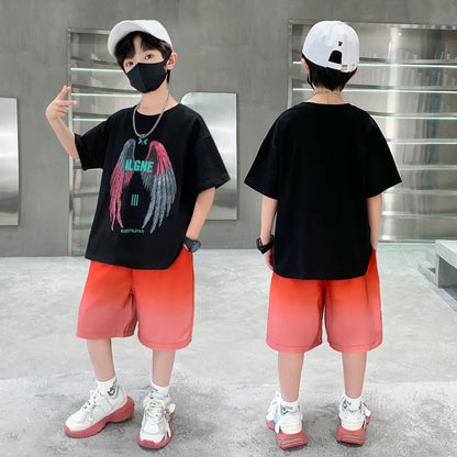 New Kids Boy Summer Clothing Set Cotton T-shirt With Wings Print + Shorts 2 Pieces Tracksuit Outfit for Child Suit Wear 5-14 T
