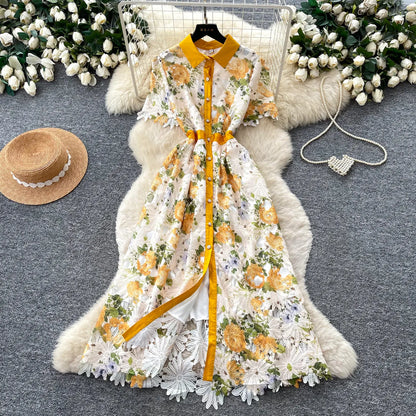 Embroidery Flower Vacation Dress French Style Blet Lapel Slim High Quality Hollow Out Ladies Elegant A-line Long Dress