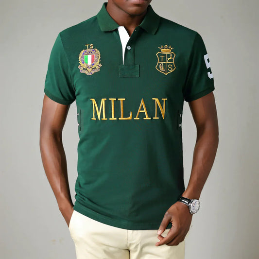 Men's High-Quality Cotton Polo Shirt ITALY GREEN cotton Embroidered "MILAN" Symbol leisure sport New Year's Gift for Men