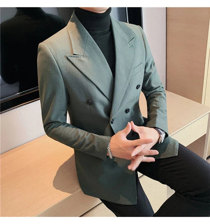 Classic Luxury Striped Men Suit Jacket Fashion Double Breasted Business Office Wedding Tuxedos Male High Quality Slim Fit Blazer