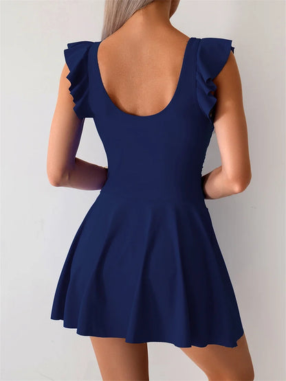2026 Ruffle Sleeve One Piece U Neck Swimsuit Women Solid Beach Dress Swimwear Female Bathers Swimming Bathing Bodysuit Summer
