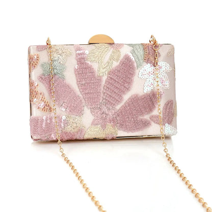 Random Pattern Women's Floral Pattern Clutch Bag, Fashion Retro Sequin Embroidery Floral Chain Evening Bag, Mini Box Bag For Par