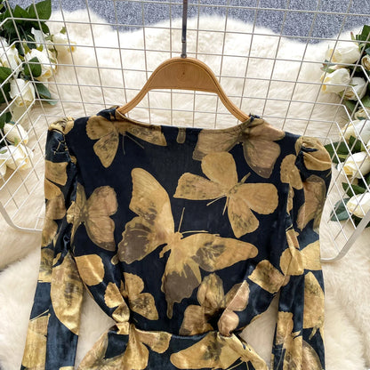 Fashion Butterfly Print Velvet Tops V Neck Flared Sleeve Short Sexy T-Shirt Autumn Senior Elegant Evening Women Blouse