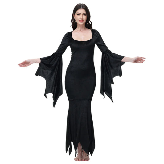 Halloween Morticia Adams Primate Black Adams Family Dress Retro Gothic Flared Sleeve Fishtail Dress Vestido