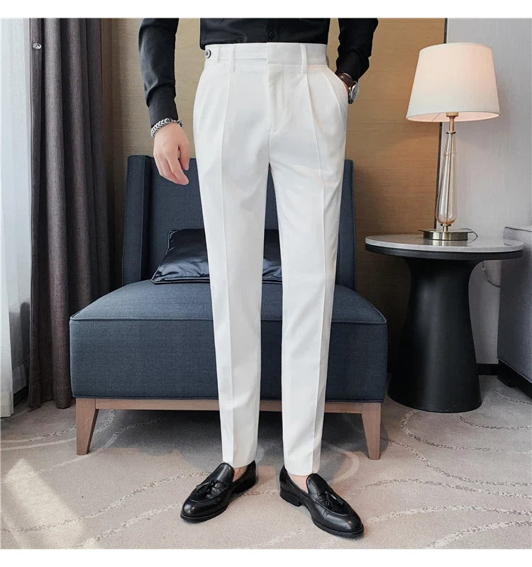Autumn Winter High Quality Solid Casual Pants Men Belt Design Slim Fit Trousers Formal Office Business Social Party Suit Pants