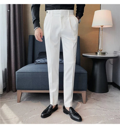 Autumn Winter High Quality Solid Casual Pants Men Belt Design Slim Fit Trousers Formal Office Business Social Party Suit Pants