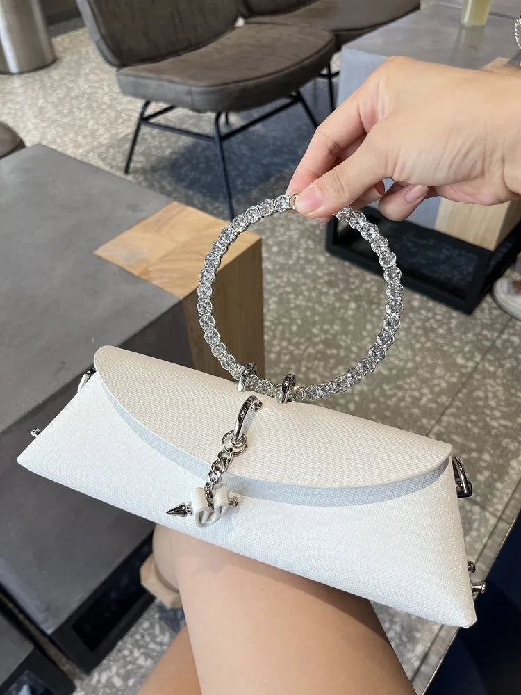 Clutch Bag Luxury Designer Handbag for Women 2025 with Chain Metal Ring Handle PU Leather Rhinestones Purses Shoulder Bag
