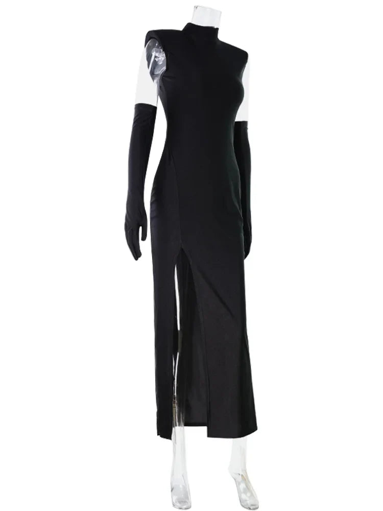 Fashion Women's Maxi Dress With Scarf Half Turtleneck Solid Sheath Bodycon High Split Party Eelgant Trend Vestidos Robes