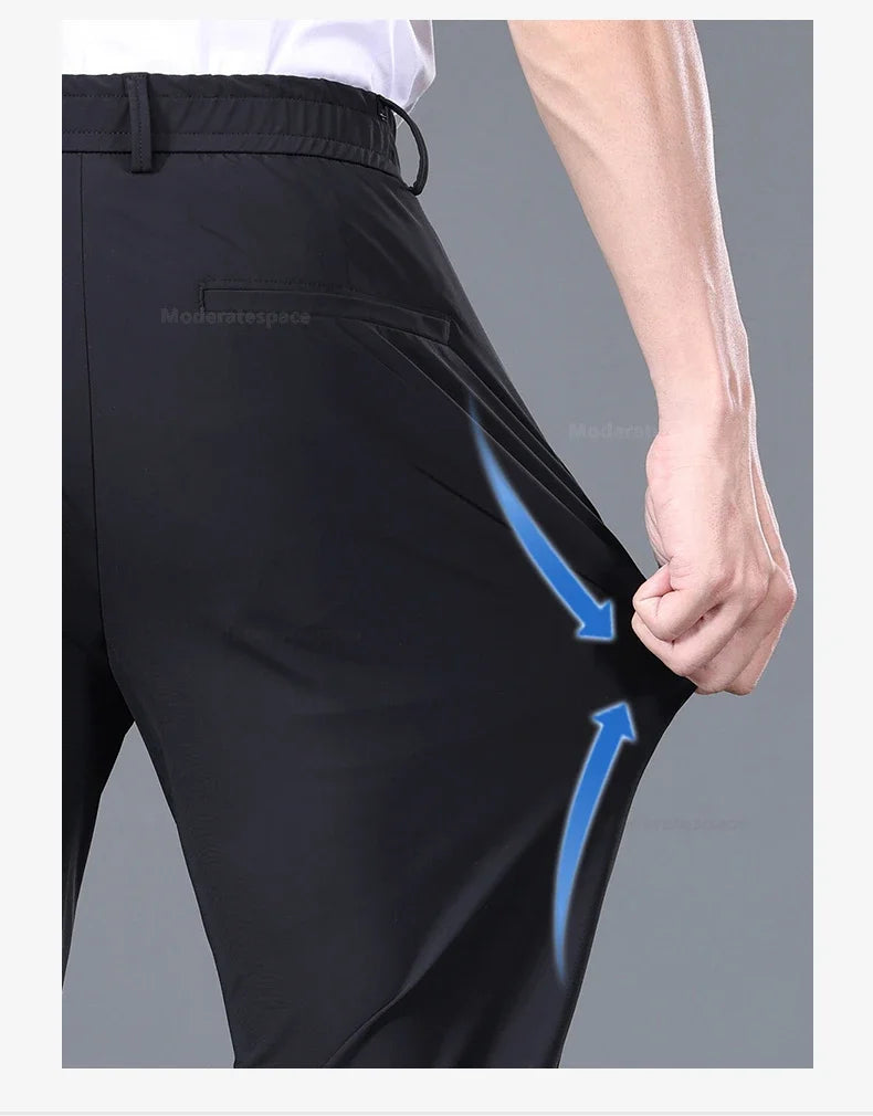 Summer Ultra-thin Casual Pants Men's High Elastic Quick-drying Ice Silk Straight Business Formal Casual Trousers Black Gray