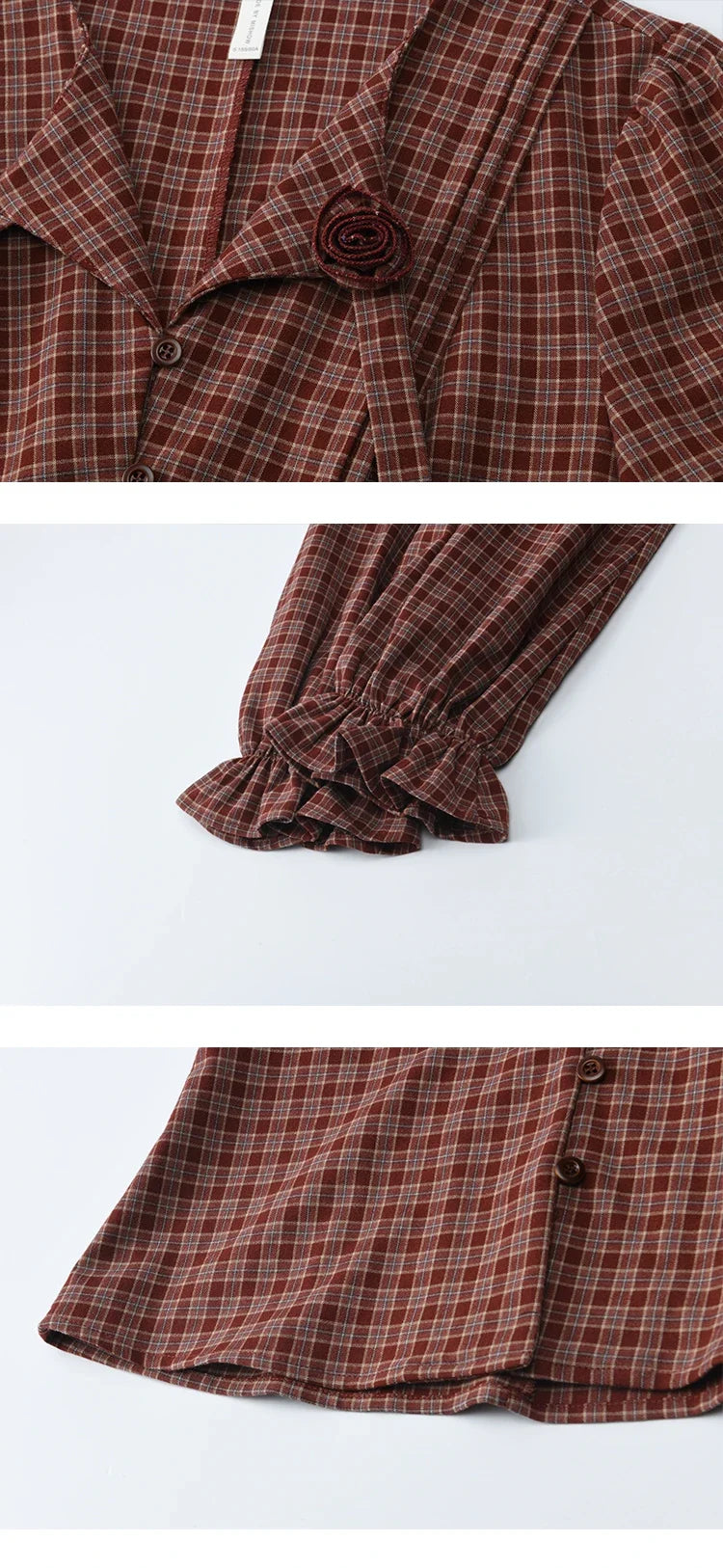 Women's Red Tied Plaid Shirt 2025 Autumn New Arrival Sweet 3D Floral Turn-Down Collar Long-Sleeve Blouse Women MXE45X2481